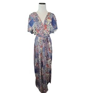 White Waves Womens Patchwork Floral Wide Leg Jumpsuit Backless pockets L/XL NWT